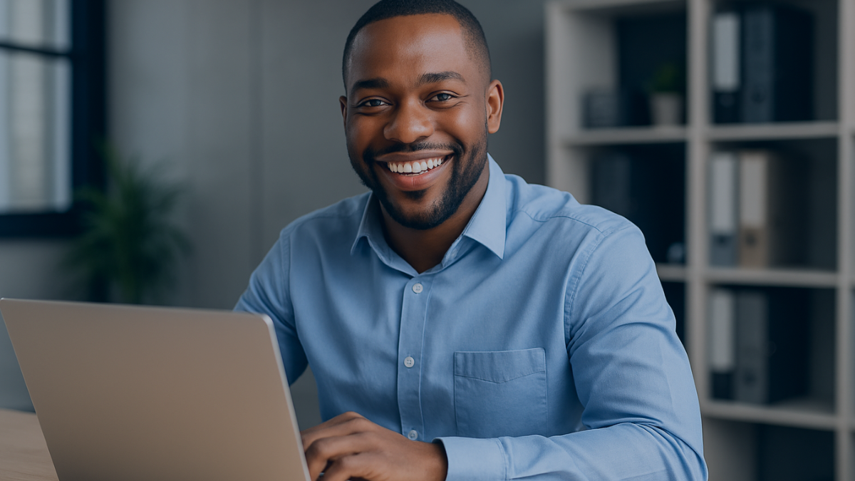 South African man smiling while working on laptop (VPS)